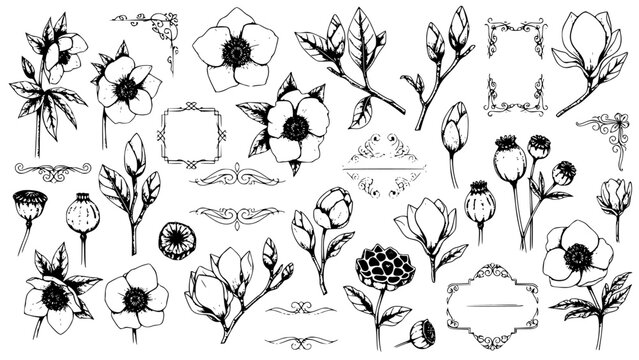 Hand Drawn Botanical Vector Elements Collection Featuring Assorted Vintage Flowers Buds Leaves Ornate Flourishes Dividers and Decorative Graphic Frames for Design Projects