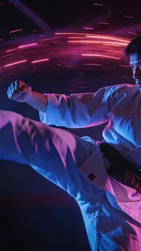 Martial artist in gi chambering kick, flowing, punching and spinning, neon trails showing form