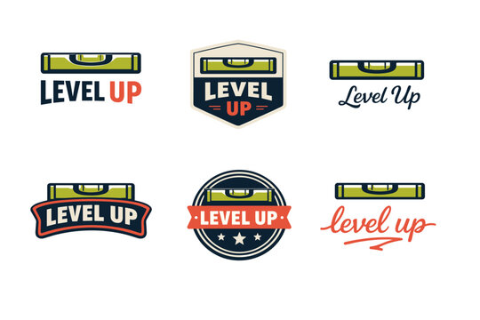 Level up logos collection featuring retro designs and bold lettering