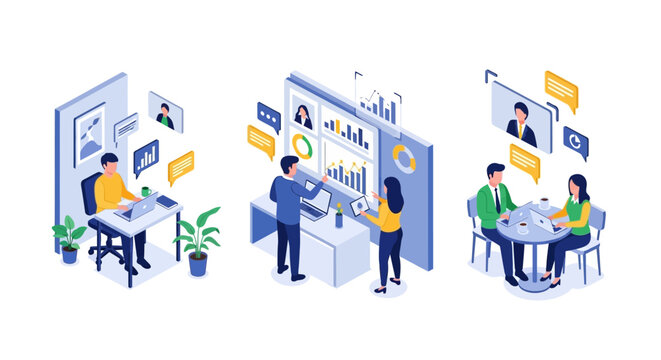 Modern Business Collaboration, Remote Work, and Data Analytics Isometric Set