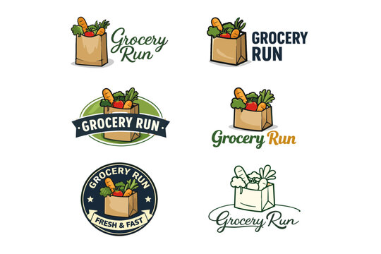Grocery run logo designs featuring fresh produce in paper bags
