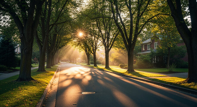 sunlight shining through tall trees along a residential street