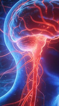 Head revealing spinal signals, vessels pulsing, particles traveling upward to show neural flow