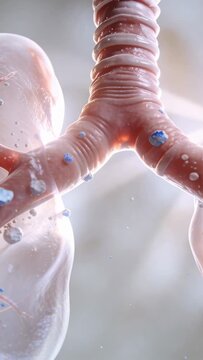 Vertical video: Light appearing, bronchial split showing particle deposition on mucosa and sacs
