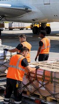 Vertical video: As cargo hatch opens ramp crew pushing strapped pallet into hold to load in vests