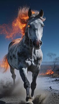 dapple-gray horse initiating charge, approaching camera by galloping from side, flaming mane, VFX