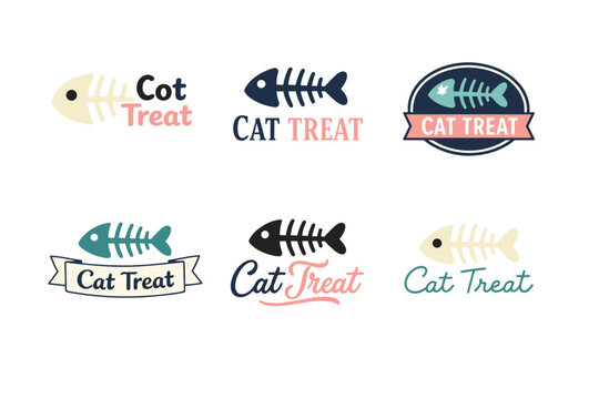 Variety of cat treat logos featuring fishbone designs