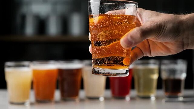 Front angle medium shot of a hand reaching for a bright orange soda glass on a sampler flight crisp glass detail with blurred glasses in the background.