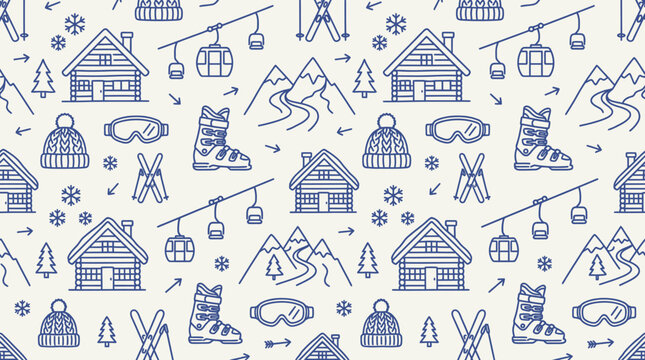 Seamless Pattern of Ski Resort Village Elements and Winter Gear on Light Cream Background