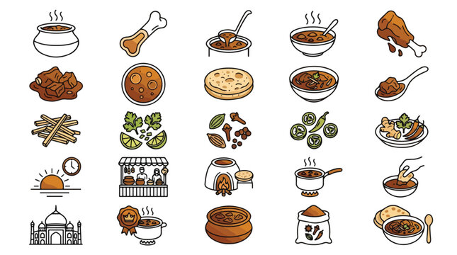 Indian Nihari Food Icon Set in Linear Style. A collection of traditional meat curry icons, including mutton paya, beef stew, naan bread, tandoor, spices, ginger, chili, and more. Vector art.