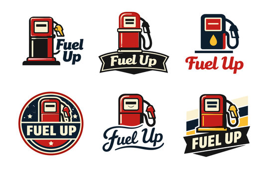 Retro gas pump logos with 'fuel up' designs and vintage style