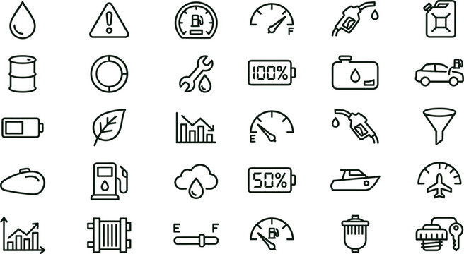 Fuel efficiency monitoring outline icon set featuring vehicle consumption gauges maintenance interface symbols for automotive dashboard applications