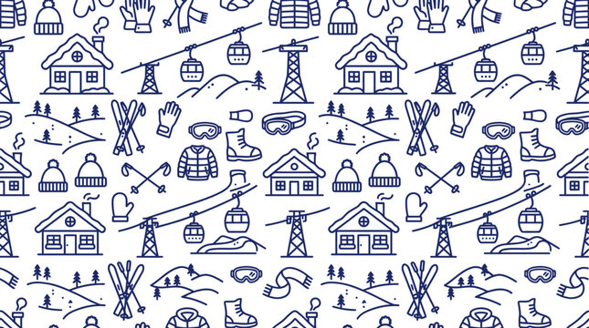 Winter Village Ski Resort Seamless Pattern with Cabins and Ski Lifts on White Background