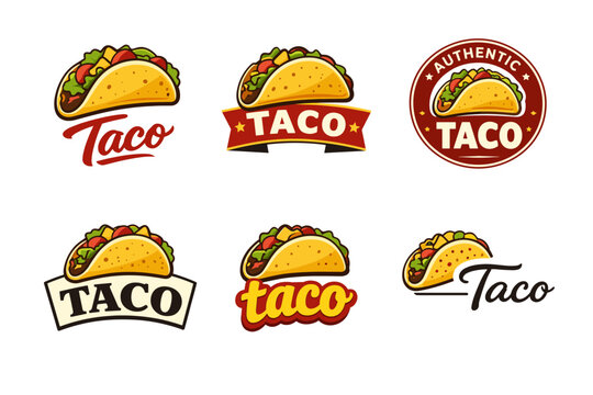 Variety of taco logos featuring colorful tacos with text and emblems