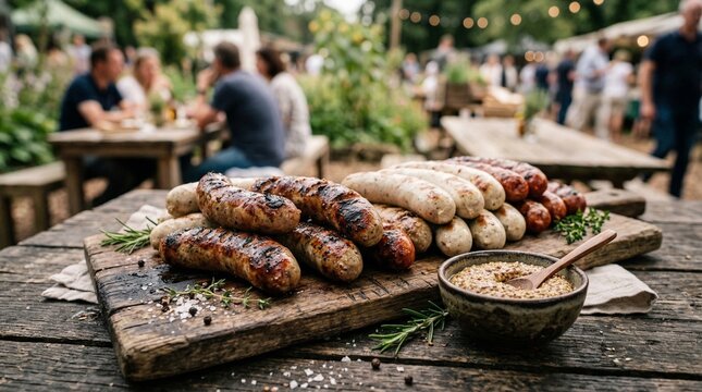 Traditional German Sausages with Sweet Mustard on Rustic Table Setting