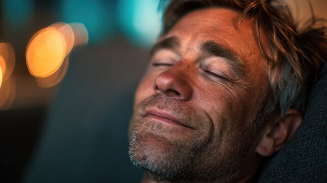 Middle-aged Man Smiles With Joy in Living Room After Phone Call While Relaxing in Armchair With Soft Light and Blurred Background