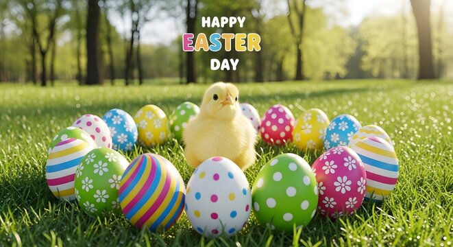 Happy easter day celebration with colorful eggs and chick in green grass