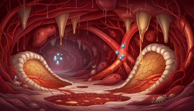 Vibrant fantasy illustration of a surreal alien cave interior