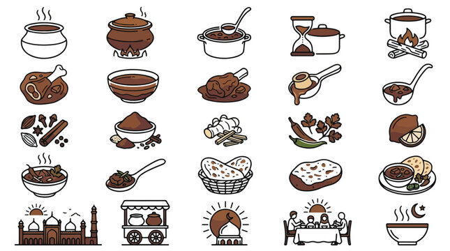 Nihari Stew and Traditional South Asian Cooking Icon Set in Line Style. A collection of linear icons including beef, naan, spices, ginger, clay pot, fire, mosque, and more. Editable Stroke.