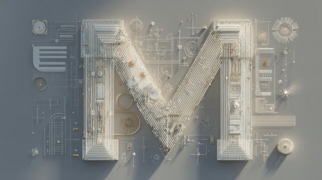 3D rendered letter 'M' with architectural design elements