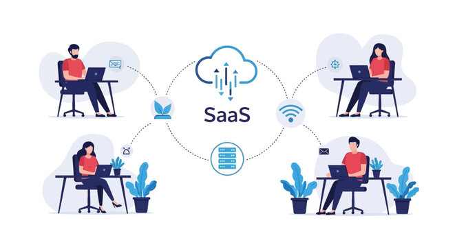 SaaS Cloud Computing Concept. Remote Workers Accessing Software Services and Data via Digital Network Connection