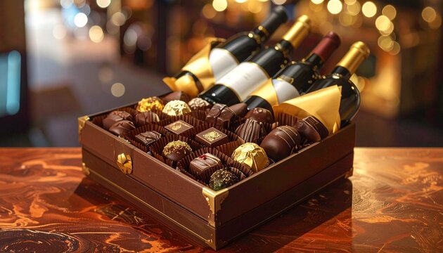 A wooden gift box with three elegant wine bottles and assorted gourmet chocolates, gold foil tops and decorative patterns, evoking luxury, celebration, and indulgence in a refined setting.