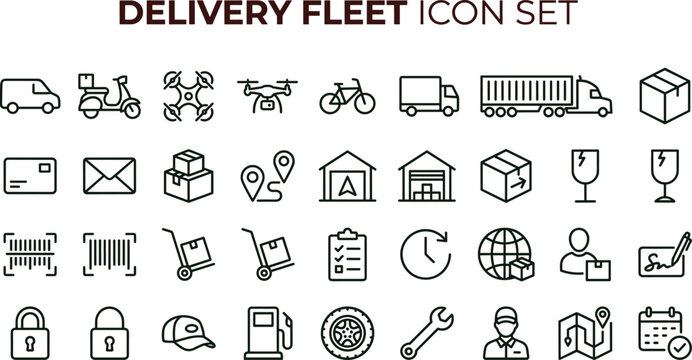 Delivery fleet outline icon set featuring logistics transportation tracking warehouse interface symbols for supply chain applications