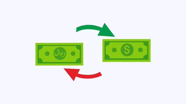 Exchange of dollars and riyals with arrows, suitable for financial presentations, international business concepts, currency exchange graphics, economic blogs.
