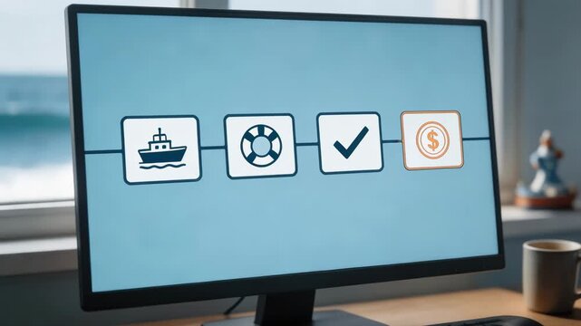 Focused medium shot of a marine insurance blockchain dashboard highlighting immutable claim transactions with the interface details crisp and surroundings softly blurred.