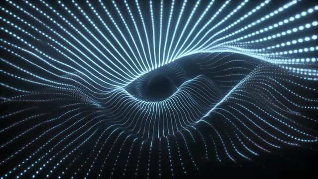 Glowing particle wave animation. Abstract digital data visualization concept. Bright blue luminous dots forming a swirling vortex pattern on black background.