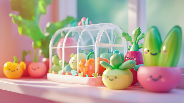 Colorful cartoon vegetables and fruits with smiling faces are arranged on a windowsill beside a miniature greenhouse.