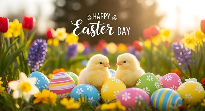 Happy easter day celebration with colorful eggs and chicks in blooming garden