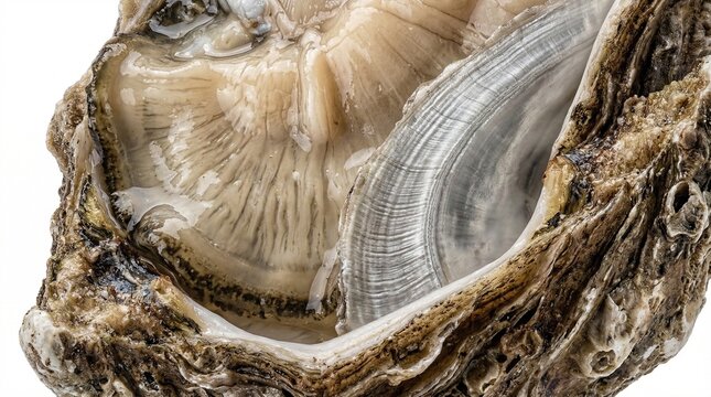 Close-up shot of an open oyster shell, showcasing its intricate details and textures. The shell has a rough exterior and a smooth, pearly interior.