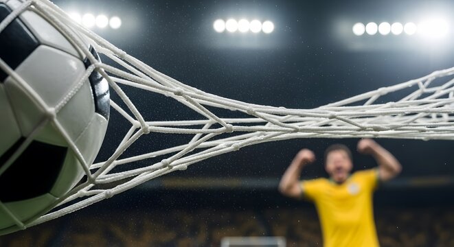 A soccer player celebrating a goal in a stadium with a soccer ball in the net Professional soccer player in yellow and green kit intense action Brazil in 2026 soccer world championship.