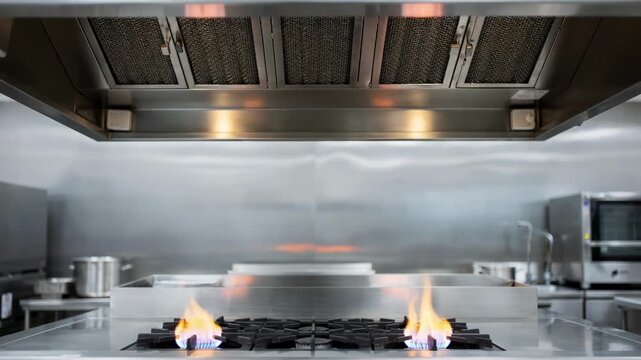 Focused medium shot of overhead stainless steel exhaust hood with visible filters above cooking area emphasizing clean industrial kitchen setup.