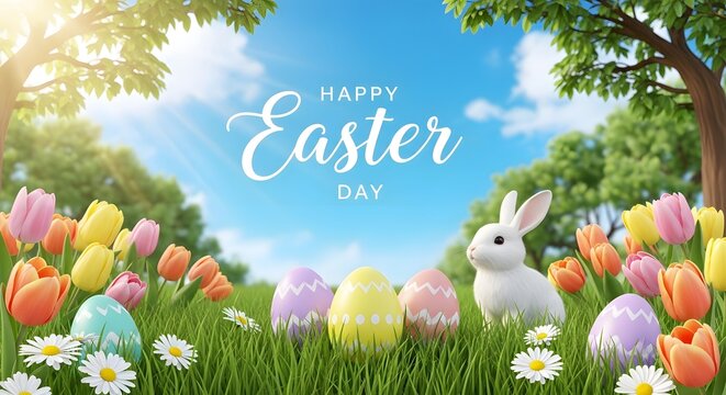 Happy easter day scene with bunny eggs and flowers in a green meadow