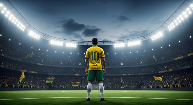 brazilian player looking for stadium in a Dramatic scenery. 2026 soccer world championship brazilian team participation