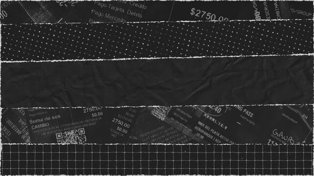 Black grunge texture with central torn paper strip and ticket fragments background