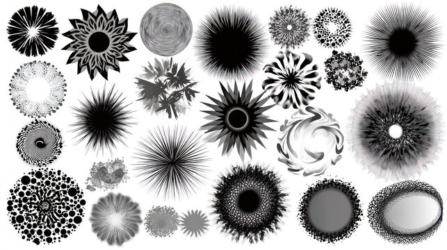 Varied radial abstract grayscale designs arranged together in a display, detailed patterns