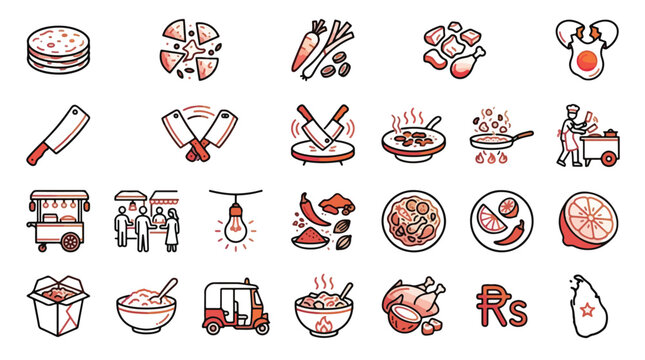 Sri Lankan Street Food Icon Set in Linear Style. A collection of food icons, including kottu roti, tuk tuk, spices, curry, chicken, egg, stall, kitchen, cleaver, bowl, pan, and more. Vector.