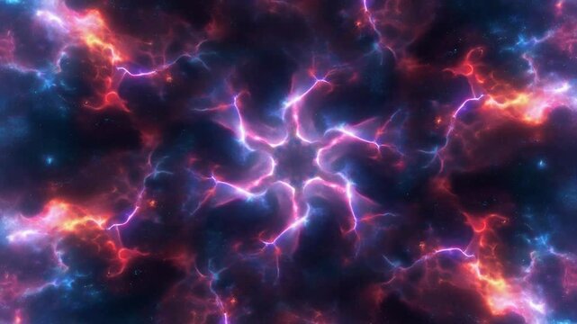 Glowing plasma energy radiating outward. Cosmic nebula abstract background concept. Symmetrical vibrant purple and blue fractal lightning pattern in deep space.