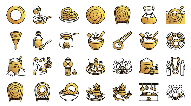 Selroti Nepalese snack icons in linear style. A collection of linear icons representing traditional food, including rice, frying, festival, culture, family, kalash, ring bread