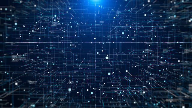 Abstract futuristic big data digital social network structure simulation flowing in light blue cyber space illustration background