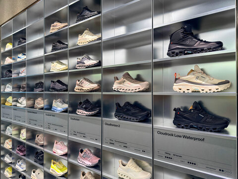 BANGKOK ,THAILAND July 15, 2025 : On Cloud Running shoes on display at a running shoe specialty store. On is a Swiss Company at siam paragon department store