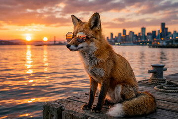 Fototapeta premium A red fox in aviator sunglasses sits on a wooden pier, admiring the cityscape and ocean during golden hour with orange sunbeams.