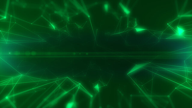 Technology digital low poly line structure cyber data network connection concept. Abstract geometric, triangle shape moving floating in green color illustration background.