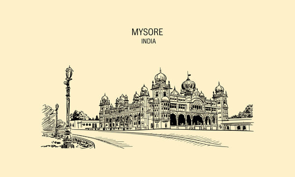 Mysore Palace India Hand Drawn Sketch Architectural Landmark Indian architecture