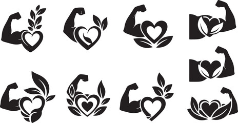 Fototapeta premium A collection of black silhouettes depicting strong arms forming hearts and floral arrangements symbolizing love and power silhouette high quality professional detailed modern elegant stylish clean
