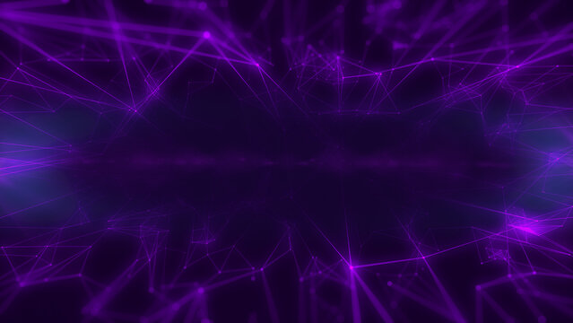 Abstract digital low poly data network flowing concept on purple background illustration.