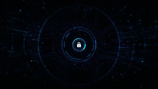Digital security concept with glowing padlock icon on dark binary code background